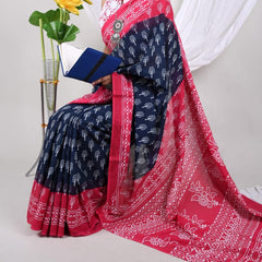 Navy Blue & Pink Soft Cotton Printed Saree