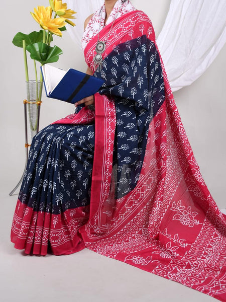 Navy Blue & Pink Soft Cotton Printed Saree