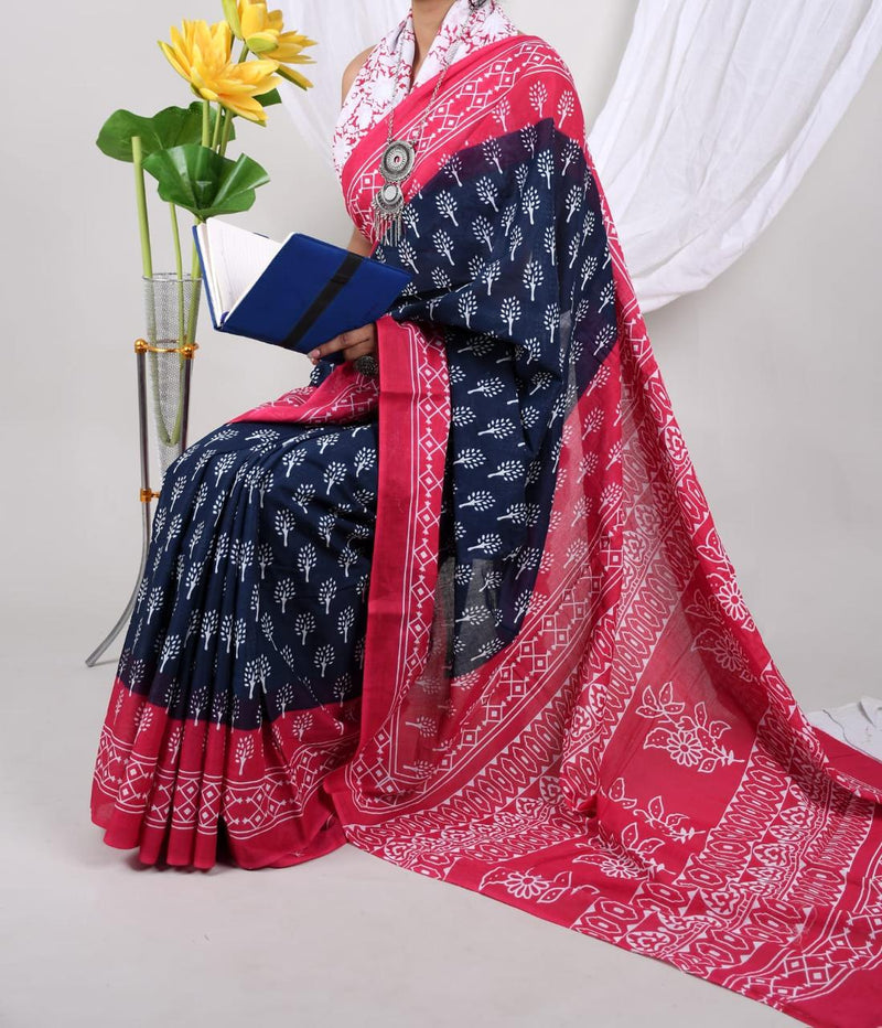 Navy Blue & Pink Soft Cotton Printed Saree