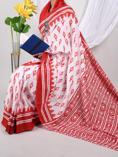 Red & White Ethnic Soft Cotton Printed Saree