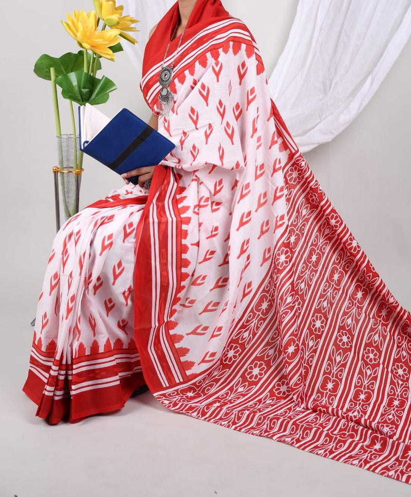 Red & White Ethnic Soft Cotton Printed Saree