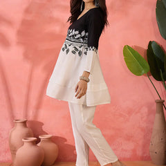 White & Black Embroidered Tunic With Trouser Co-Ords Set