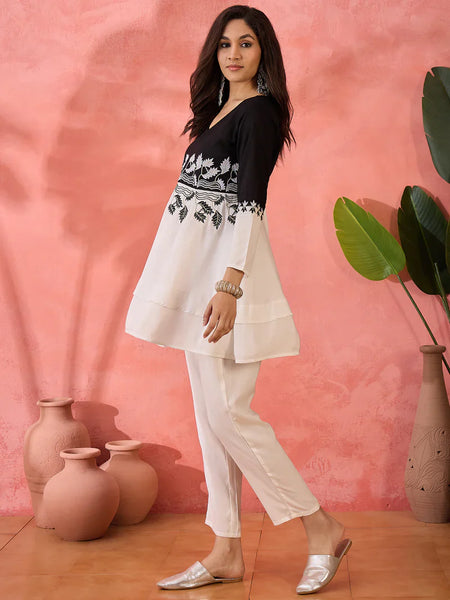 White & Black Embroidered Tunic With Trouser Co-Ords Set