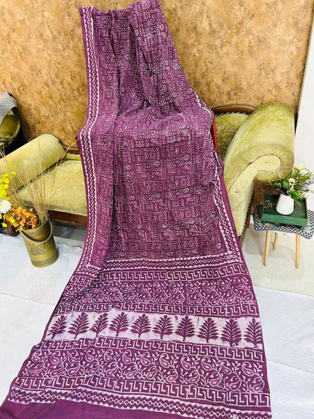 Wine Color Soft Cotton Printed Saree