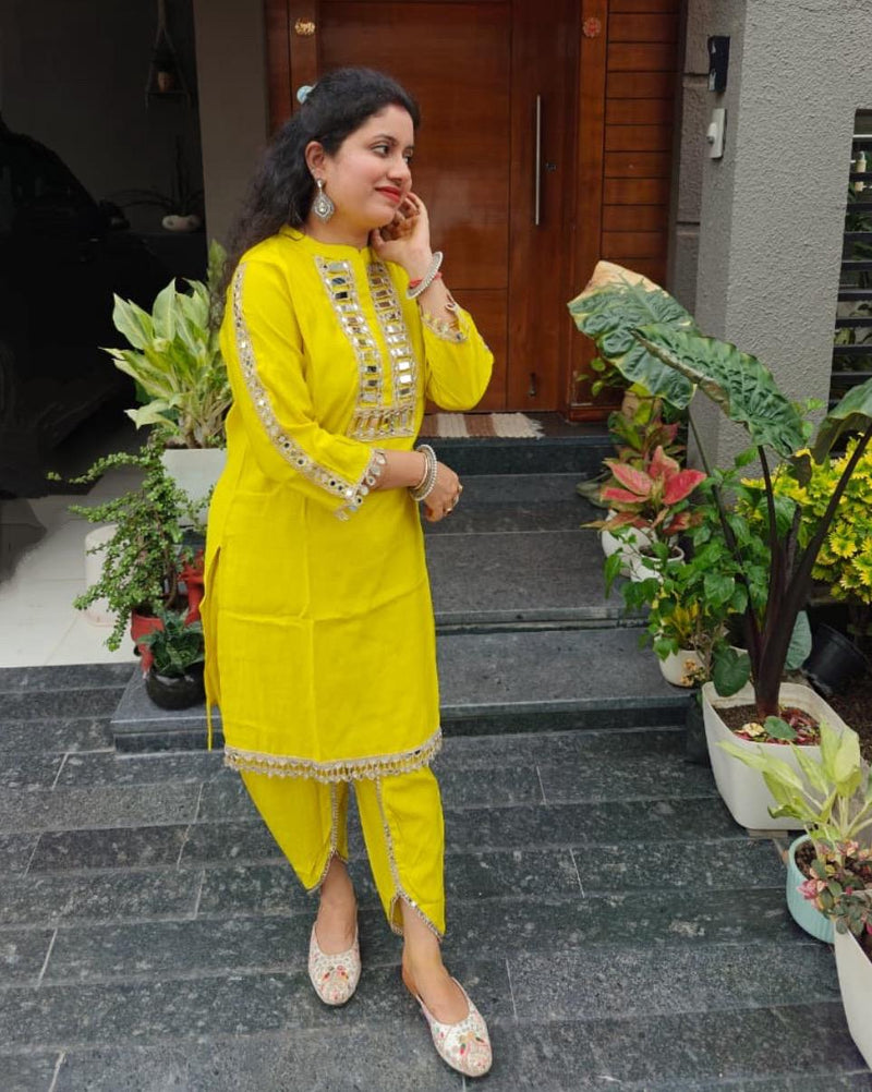 Yellow Mirror Work Dhoti Co-ord Set