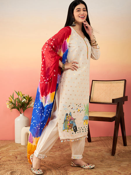 Off White Ethnic Motifs Self Design Thread Work Pure Cotton Kurta Set