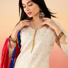 Off White Ethnic Motifs Self Design Thread Work Pure Cotton Kurta Set