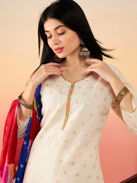 Off White Ethnic Motifs Self Design Thread Work Pure Cotton Kurta Set