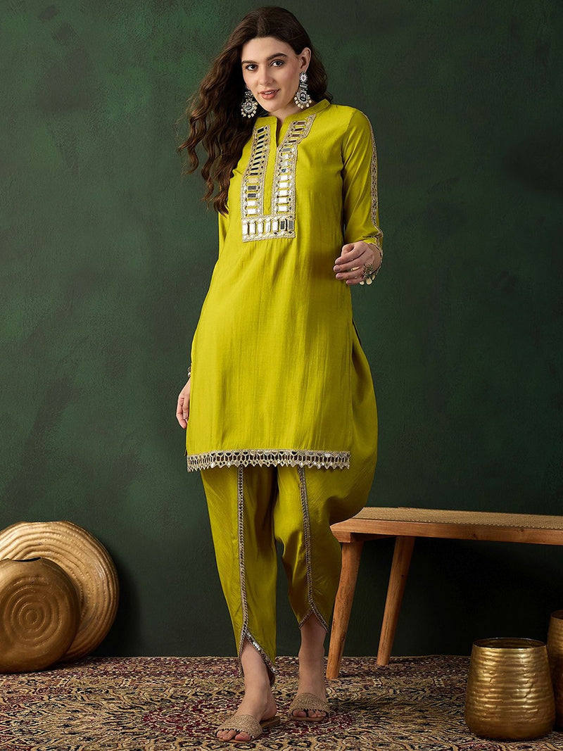 Yellow Mirror Work Dhoti Co-ord Set