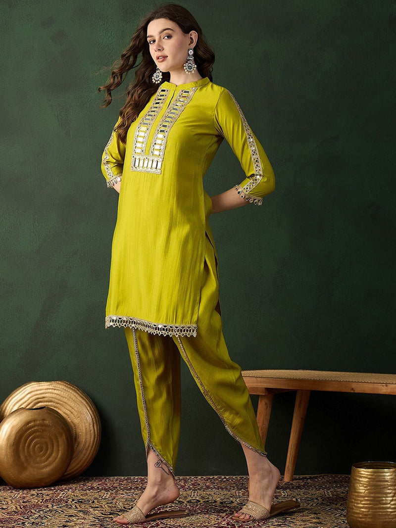 Yellow Mirror Work Dhoti Co-ord Set