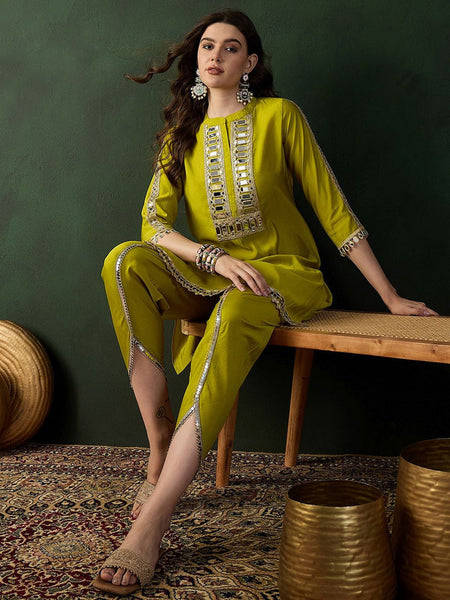 Yellow Mirror Work Dhoti Co-ord Set