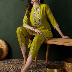Yellow Mirror Work Dhoti Co-ord Set