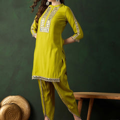 Yellow Mirror Work Dhoti Co-ord Set